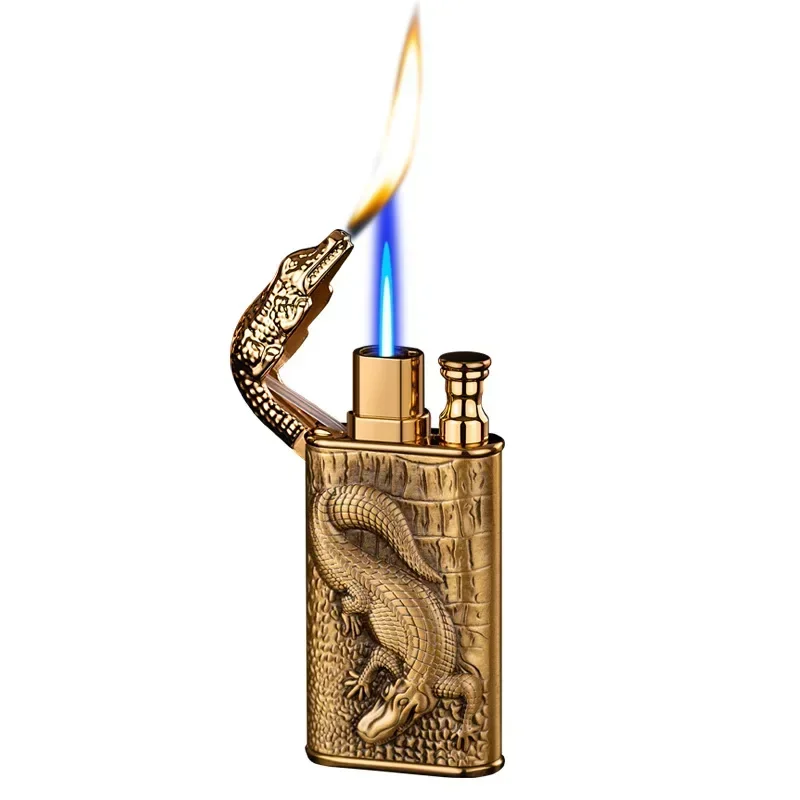 3D Embossed Dragon Crocodile Dual Fire Metal Windproof Jet Fire Open Flame Convertible Gas Lighter Smoking Men Gift gas lighter