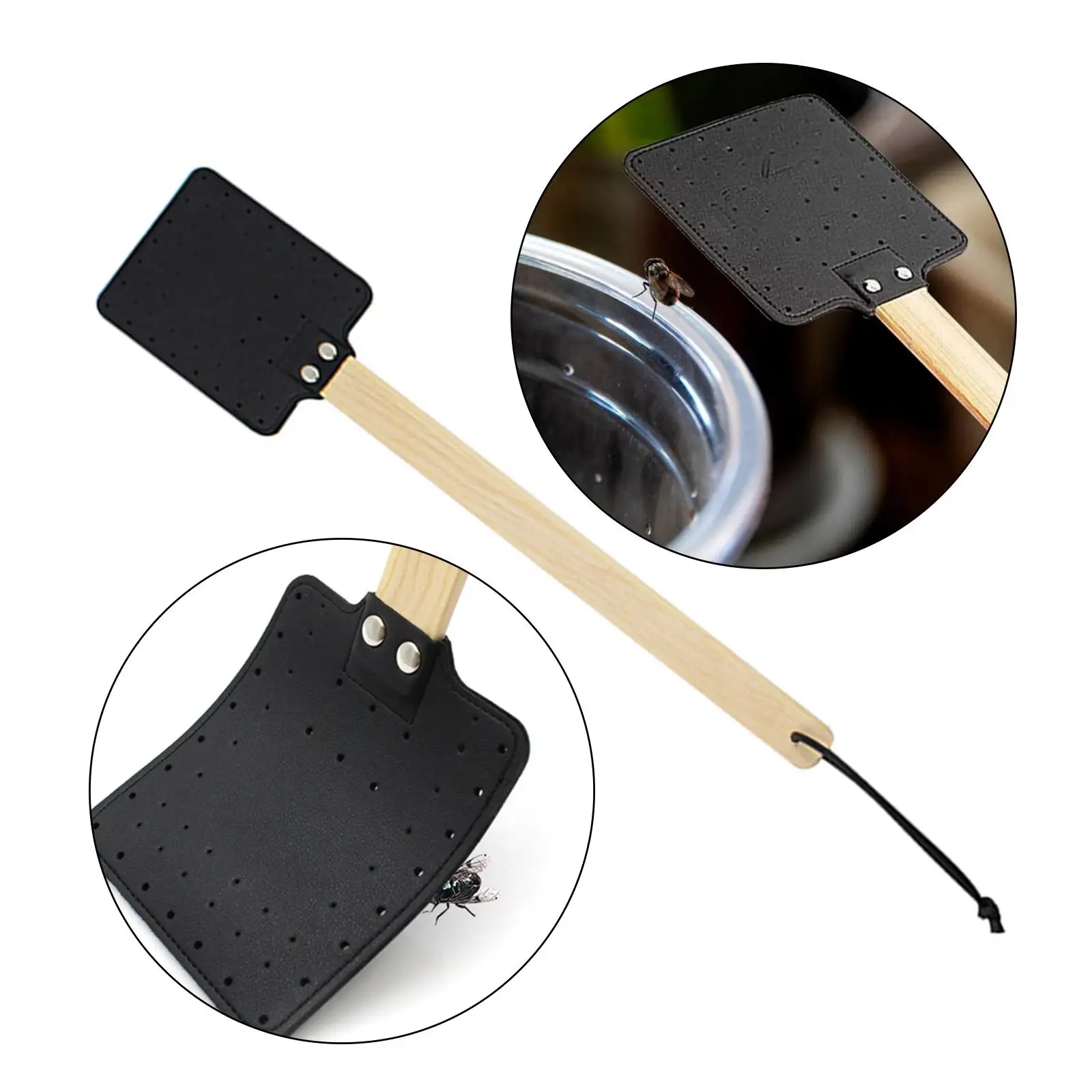 Heavy Duty Fly Swatter Wooden Handle PU Leather Swatter for Household Outdoor Indoor