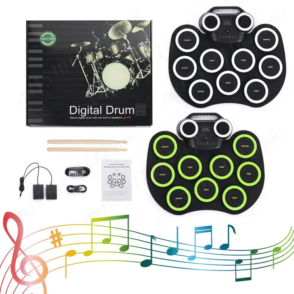 Electronic Drum Set USB Roll-Up Drum Practice Pad Sticks Pedals 9-Pads Electric Pad Compact Size for Kids