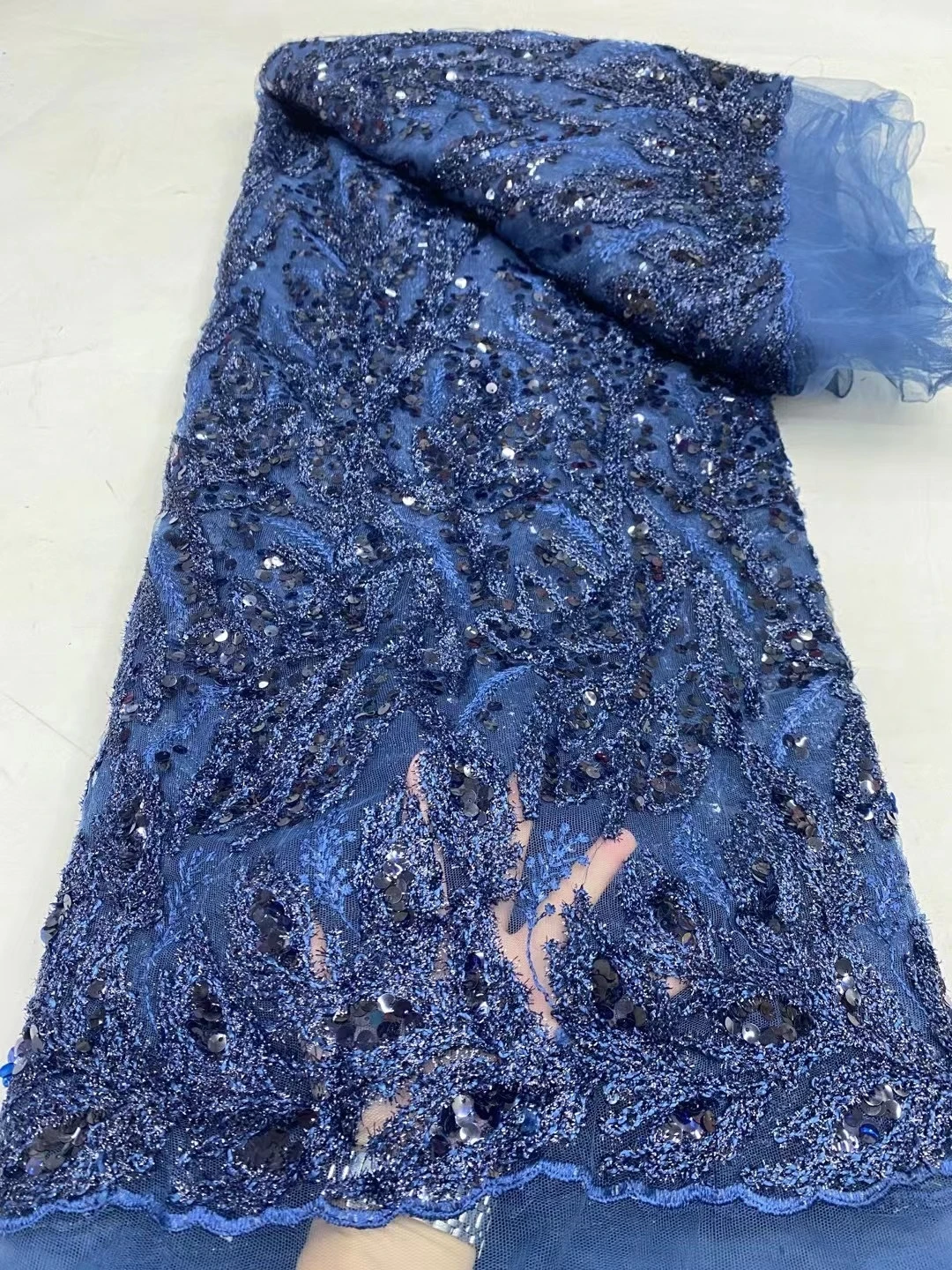 

2024 High Quality African Nigerian Latest Embroidery Sequins Tulle Lace Fabric Sewing Guipure Prom Dresses Beads 5Yards DP0201