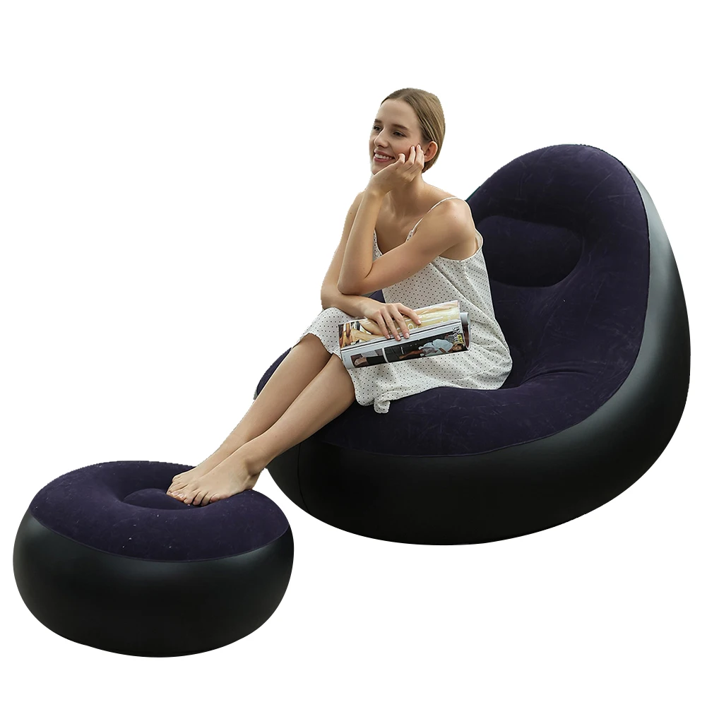 PVC Flocking Inflatable Couch Blow Up Lounger Chair Foldable Recliner for Balcony Backyard Camping Picnic RV