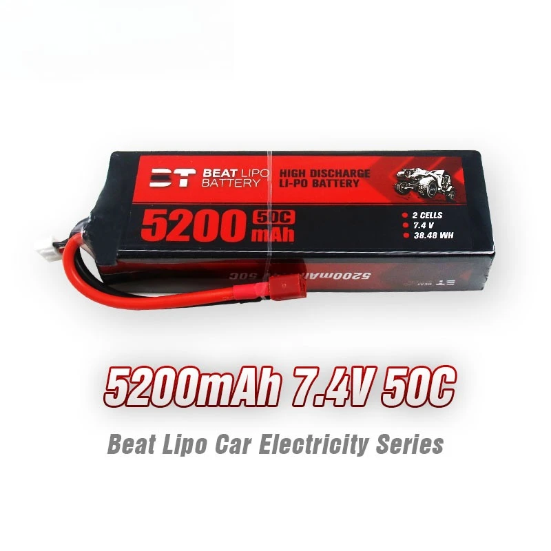 Vue de dessus de la batterie Lipo 5200mAh 2S 7.4V 50C pour bateau RC, voiture, drone, avion avec étiquette de spécifications