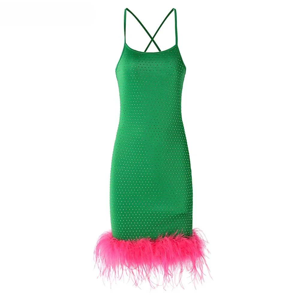 

Party Design Sexy Club Women Ostrich Feather Patchwork Bright Green Stretchy Staps Mini Beading Dress