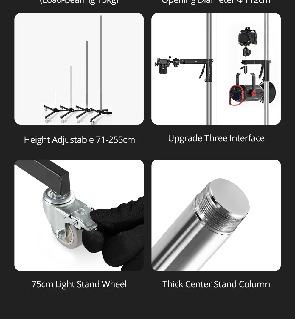 Description Picture 5 of itemAMBITFUL 71cm-255cm AL250 Gun Grip Light Stand 1/4 and 3/8 Screw with Wheels Folding Tripod for Studio Flash LED Light Softbox