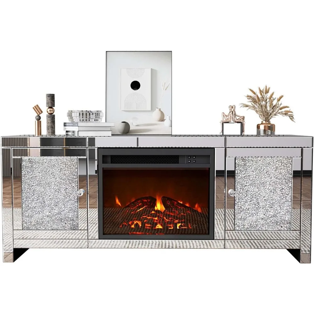 Mirror Fireplace TV Cabinet, Mirror Media Entertainment Center, Silver TV Console Table, Living Room Mirror Furniture 5