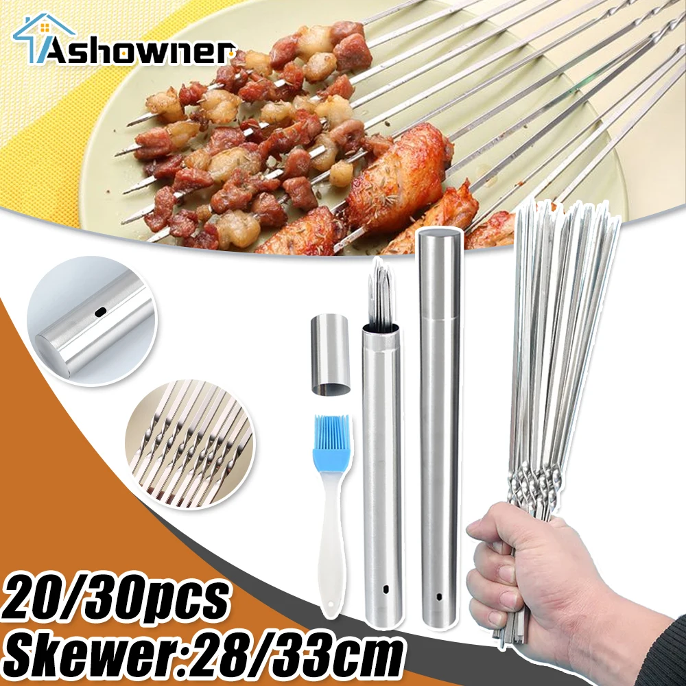 Barbecue Skewer Stainless Steel with Tube Reusable BBQ Needle Stick Skewers Kebab for Outdoor Camping Picnic Tools Cooking Tools