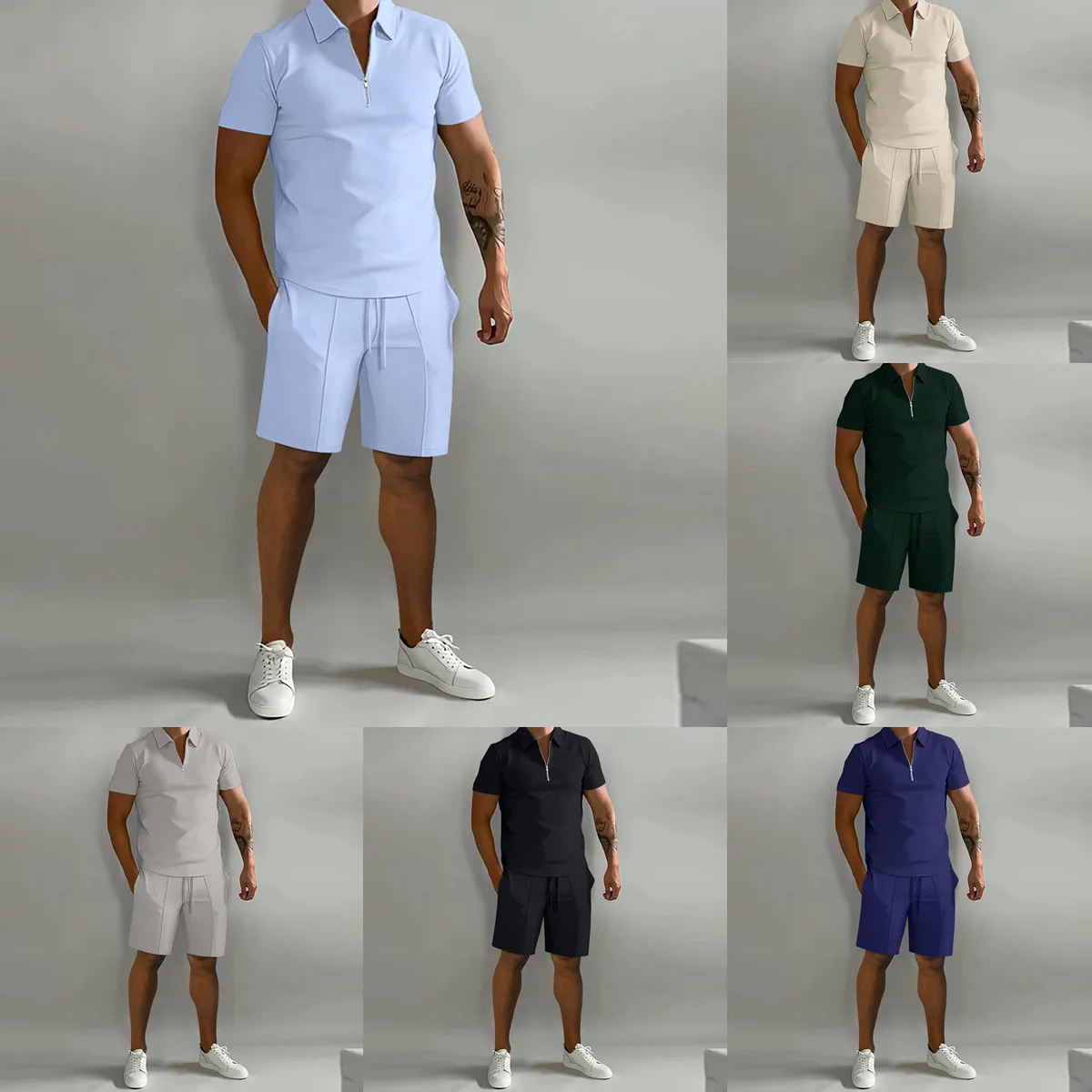 Men's Business Suit European And American Polo Casual Loose Short Sleeve Shorts Solid Color Zipper Sports Suit