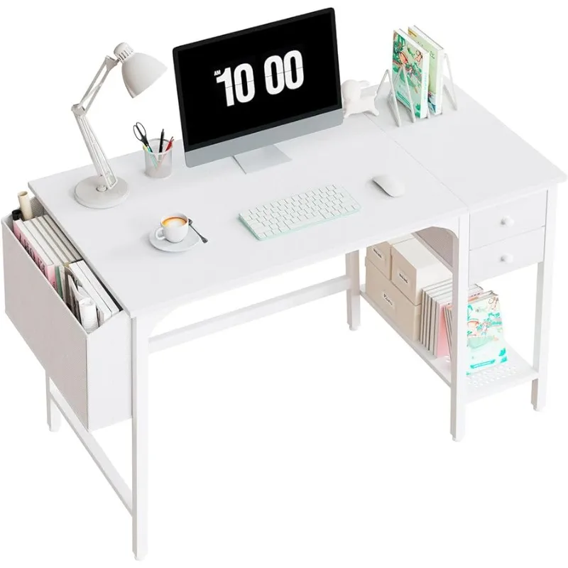 White Small Desk with Drawers 40 Inch Computer Desk for Small Space Home Office Modern Simple Study Writing Table Computer Desk