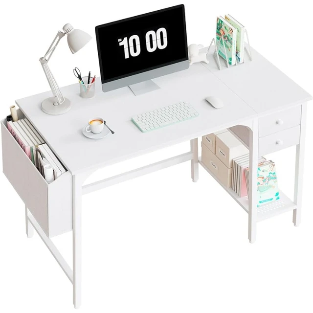 Modern Simple Style Home Office Writing Desk with 2-Tier Drawers Storage  Shelf Headphone Hook