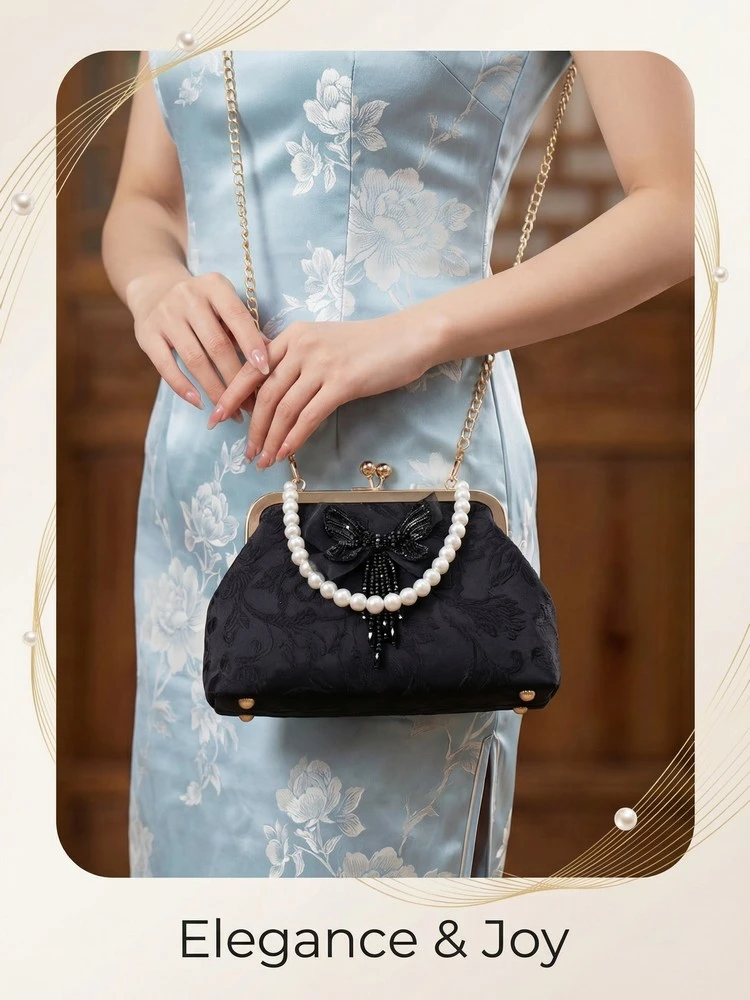 Chinese Style Butterfly Embroidery Clutch Vintage Lace Kiss Lock Handbag Elegant Evening Bag with Gold Chain for Women