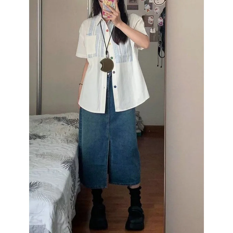 Summer Unisex Shirt Minimalist Color Contrast Lapel Embroidery Blue Stripe Loose Casual