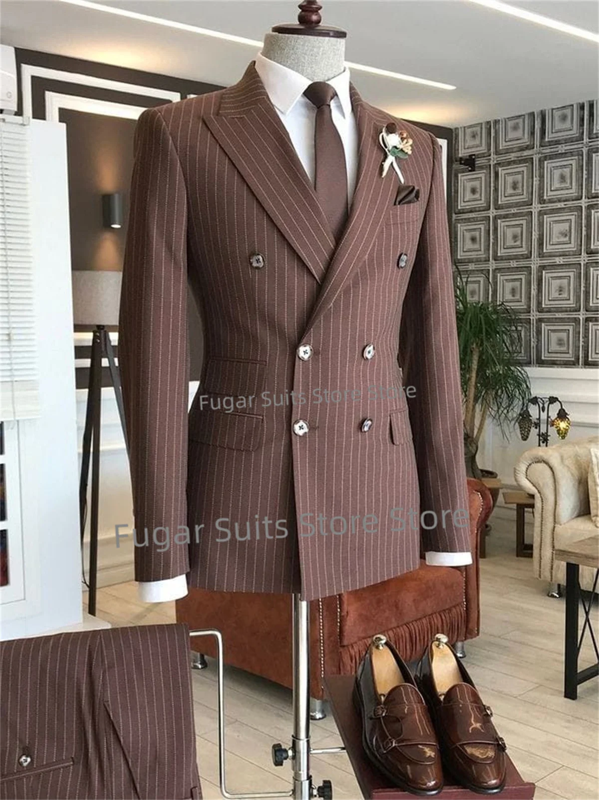 Business Gray Wedding Suit for Men Double Breasted Peak Lapel Groom Tuxedos 2 Pieces Set Elegant Male Blazer Trajes De Hombre