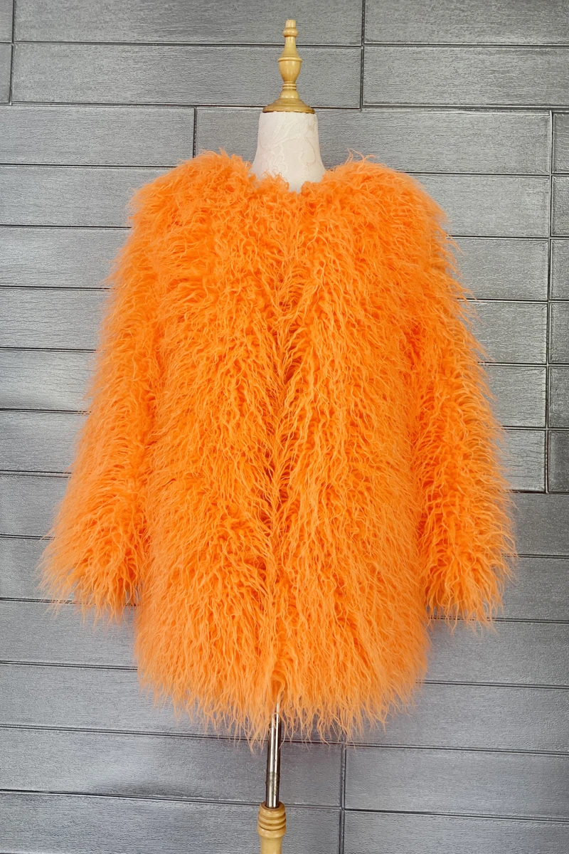 Women's Faux Mongolia Sheep Fur Winter Coat Fashion Loose Mid-Length Long Sleeve Slim Lamb Fur Warm Jacket Pure Color Thick Fur
