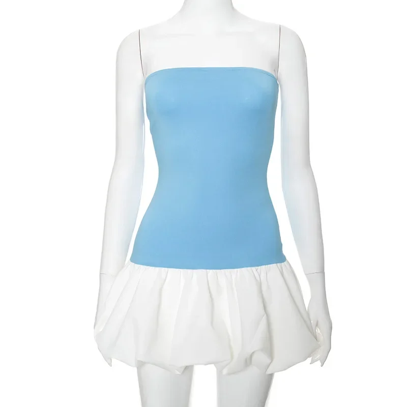 Summer Fashion Ruffled Mini Dress For Women Contrast High Waist Bandeau Patchwork Backless Dress Female Sexy Mini Dress