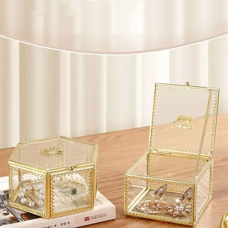 1pc European Crown Earrings Ring Storage Box Gold Glass Transparent Jewelry Tabletop Jewelry Organizer Box Excluding Jewelry 3