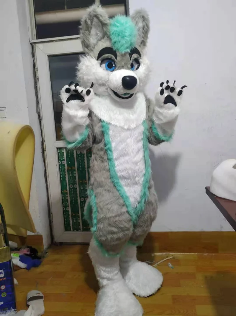 

Husky Dog Fox Mascot Costume Greenish Grey Fursuit Walking Halloween Christmas Large-scale Activity Suit Role Play