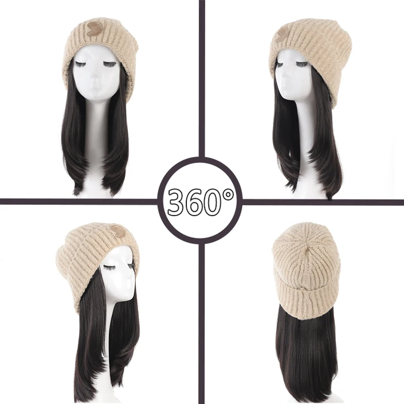 Hat wig one-piece women's collarbone hair simulation hair full head cover fashionable knitted wig hat