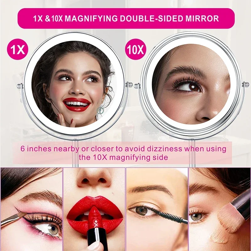 8inch 10X Magnifying LED Makeup Mirror with 3 Color Light Touch Switch Double Side USB Charging Desktop Vanity Cosmetic Mirror 2
