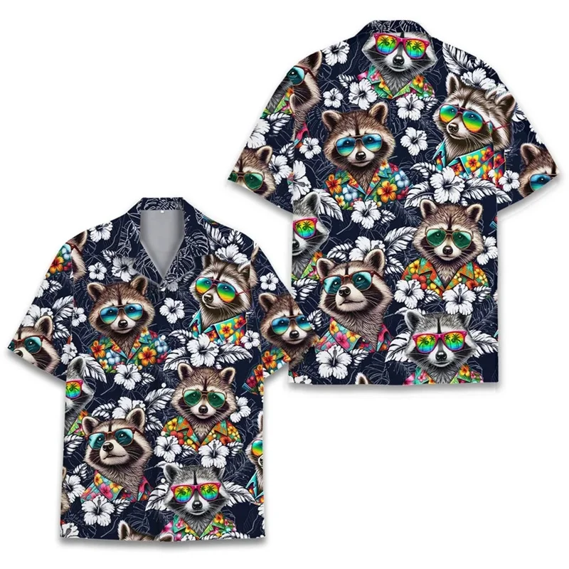 thumbnail image 1 of Camisetas hawaianas divertidas con estampado 3D de mapache, manga corta, sueltas y transpirables, estilo polinesio Tiki, para fiestas en la playa, para mujeres y niños, 1 of 4