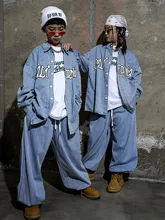 New Long-Sleeved Denim Shirt Hiphop Suit Children'S Jazz Performance Costumes Ballroom Hip Hop Dance Festival Clothes DQS10685 