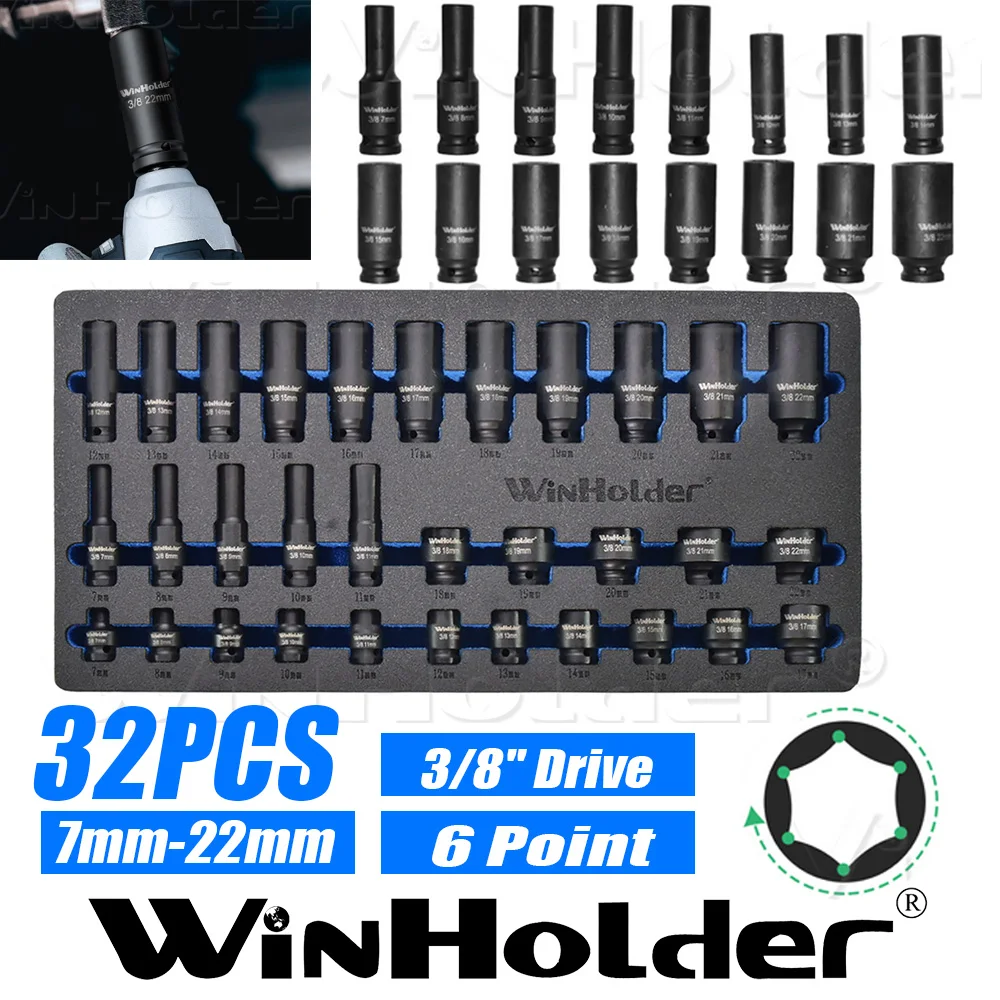Winholder 32pc DEEP & SHALLOW IMPACT SOCKET Set 3/8"Dr 7mm-22mm 6pt Hex