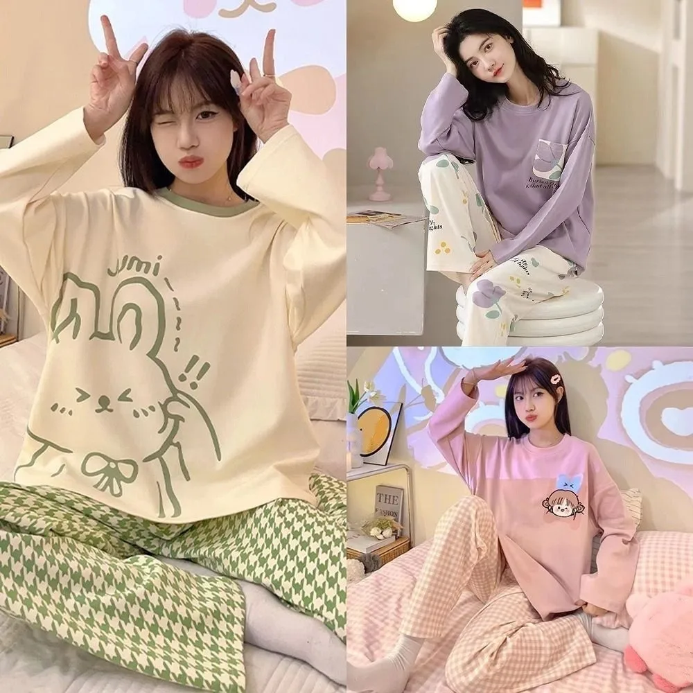 Long-Sleeved Women's Two-Piece Pajamas Loose Fit Cotton Material Pajama Suit Soft Fabric Large Size Homewear Suit Maternity Use