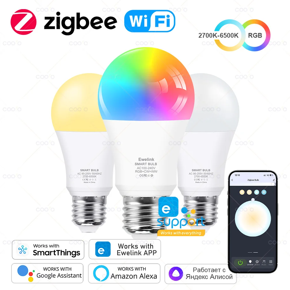 Ewelink E26 E27 Zigbee LED Bulbs Wifi Smart LED Lamp RGB+CW+WW 15W 18W LED Light Bulb Works With Alexa Google Smartthings Yandex