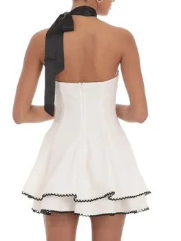 Women Strapless Mini Dress Summer Scalloped Trim A-Line Party Dress and Satin Scarf Set for Cocktail Beach Streetwear 5