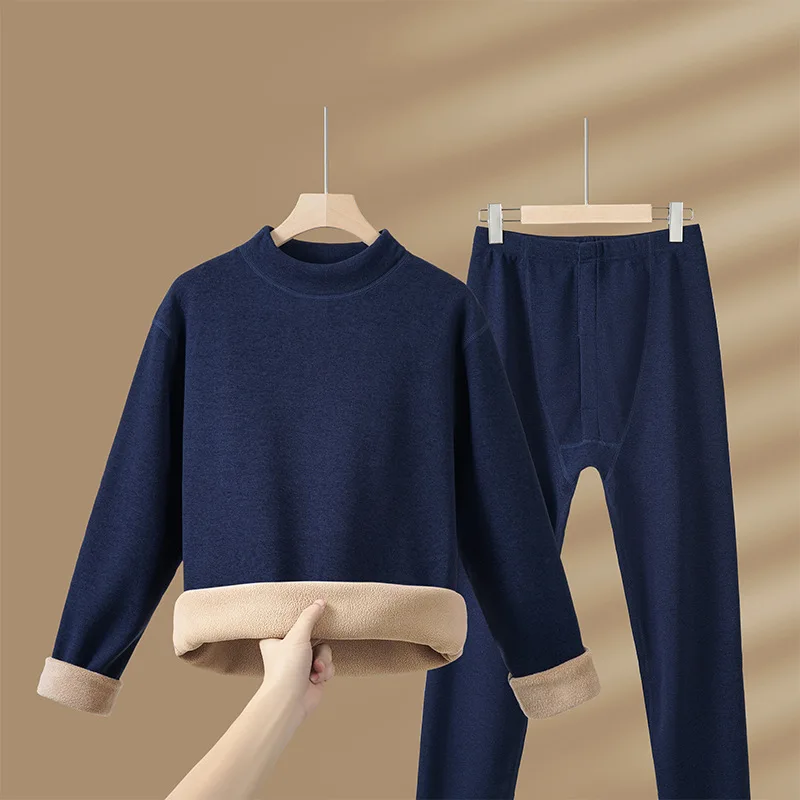 Conjunto de ropa interior térmica de lana de camello para hombre, Calzoncillos largos de invierno gruesos con forro polar y cuello medio, protección contra el frío para exteriores