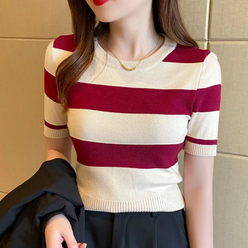 Shintimes gestreiftes O-Ausschnitt-Pullover-T-Shirt für Damen, kurzärmelig, Sommer-Crop-Top, gestricktes T-Shirt, koreanische Mode, Damenbekleidung