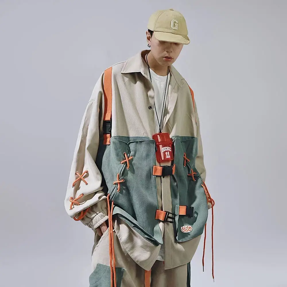 

HOUZHOU Hip Hop Oversize Cargo Shirts Men Long Sleeve Button Up Shirt Coat Harajuku Patchwork Vintage Streetwear Safari Style