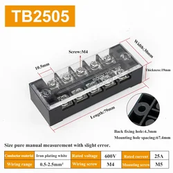 Dual Row Strip Screw Terminal Block Wire Connector, 1 Piece, Fixed Wiring Board, 15A/25A Capacity (TB2505)