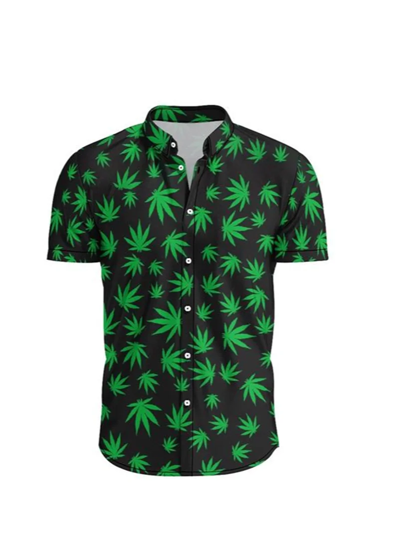 Camisas de playa de verano para hombres, blusas casuales de moda de manga corta con solapa, camisa cómoda con estampado de hojas de hierba coloridas y botones