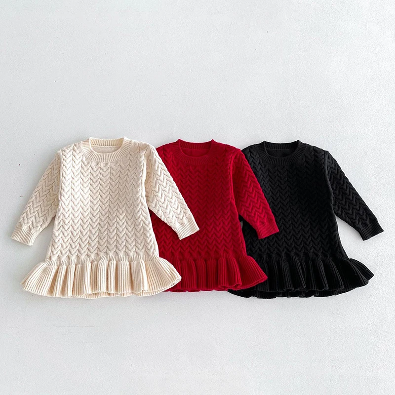 Autumn 1-6Yrs Baby Girls Long Sleeved Solid Color Knitting Dress Kids Princess Dresses Children Knitted Clothes