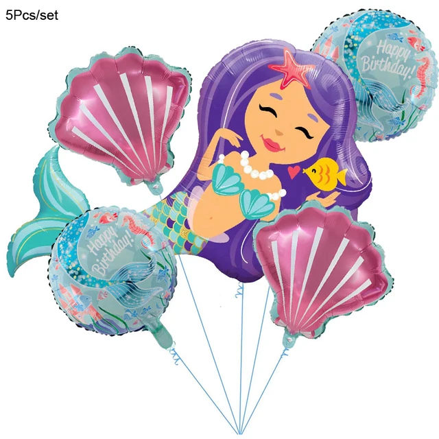 Mermaid Birthday Party Disposable Tableware Set Under The Sea Party Little Mermaid Girls 1st Birthday Decoration Shell Balloons 5pcs balloons