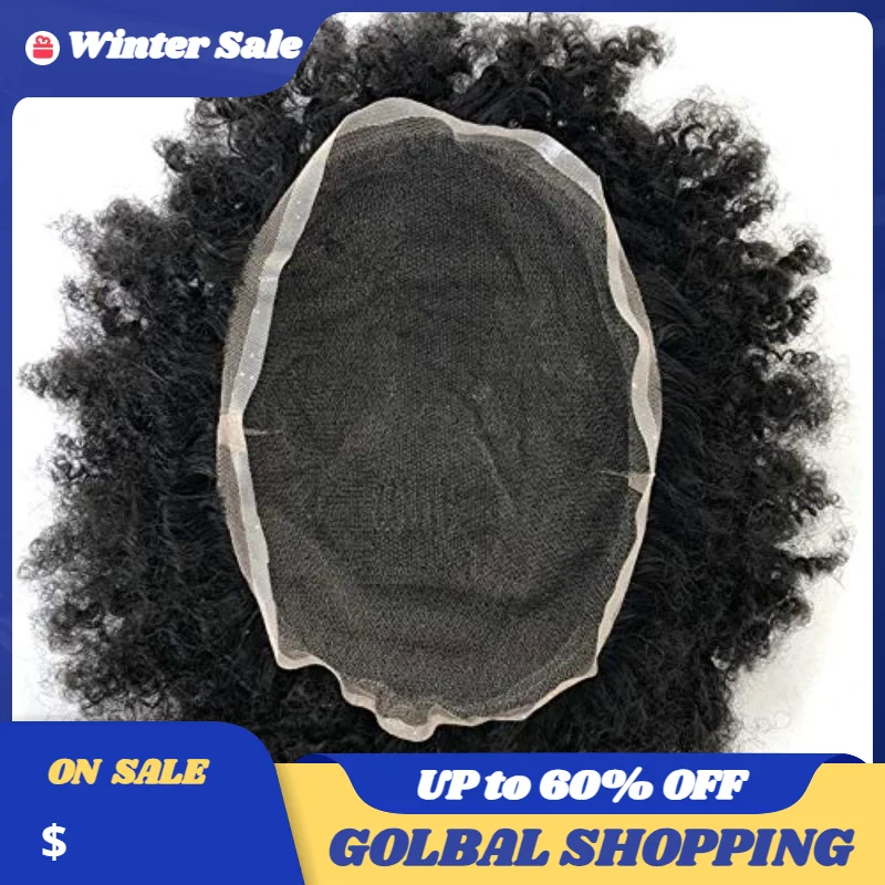 Parrucchino Parrucche Capelli Umani Per Gli Uomini Traspirante Protesi Capillare da Uomo Afro Capelli Ricci Protesi Uomo Sistema di Capelli Del Merletto Per Gli Uomini - immagine 2
