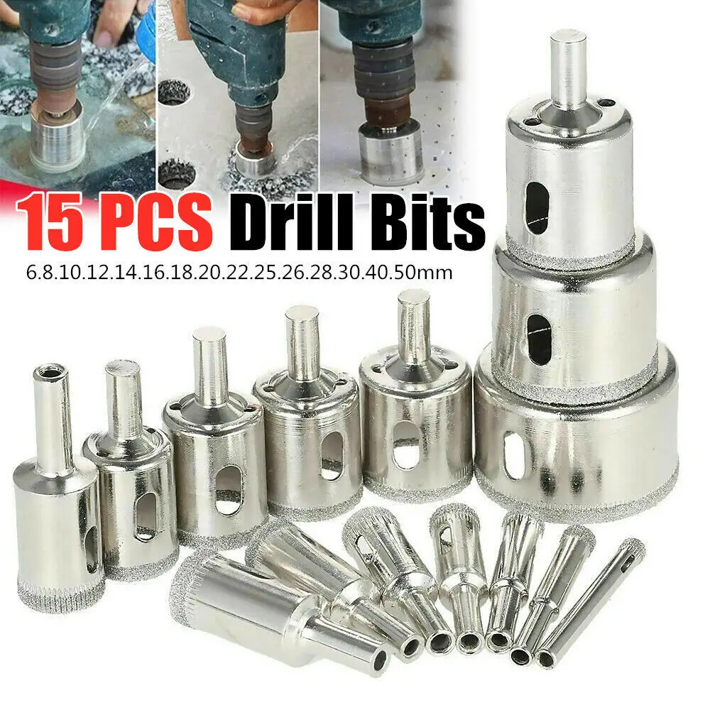 15pcs Diamond Hole Drill Bit Set Tile Coated Marble Glass Ceramic Porcelain Hole Saw Drilling Bits Kit Power Tools Accessories 12 19 pcs diamond coated drill bit set tile marble glass granite ceramic hole saw drilling bits power tools accessories 6mm 60mm