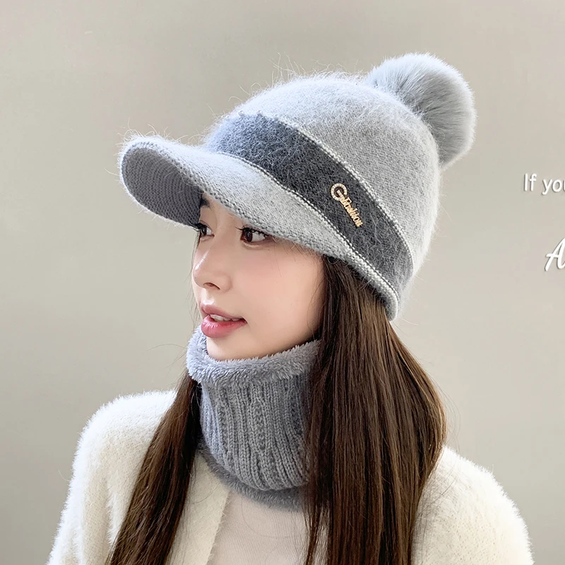 

New Women Winter Hat Soft Ear Protection Comfortable Anti Cold Beanies Hat Scarf Set Fashion Rabbit Fur Warm Knitted Cap