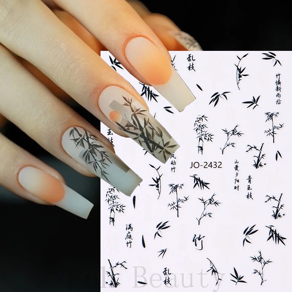 한자 네일 스티커, 추상 미술 단어, 3D 디자인 슬라이더, 페인팅 잉크 꽃, 대나무 데칼 호일 매니큐어 액세서리