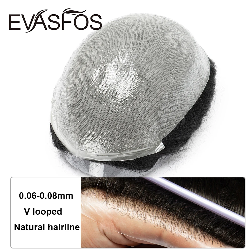 EVASFOS Men's Human Hair Wig Full PU Capillary Prosthesis European Transparent Toupee Man Replacement System human hair toupee