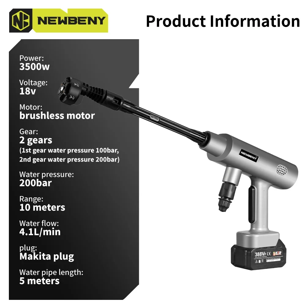 NEWBENY 200Bar 6 IN 1 Brushless Electric Car Washer Cordless Garden Foam Generator Cleaning Machine For Makita 18V-21V Battery 2