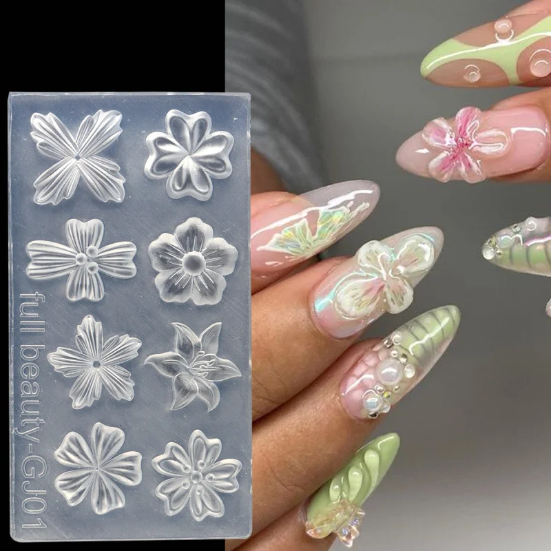 Nail Art Tools Spring Flower Petals Silicone Nail Mold Lily Cherry Blossom Floral DIY Design Manicure Template Carving Stencil