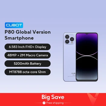 Cubot P80, smartphone android 13, version globale, 16Go de RAM (8Go + 8Go étendus), 256Go de ROM, NFC, écran FHD+ de 6,583", 5200 mAh, 48MP Camera, Dual SIM phone, telephone portable neuf, Galileo, GPS, OTG 1