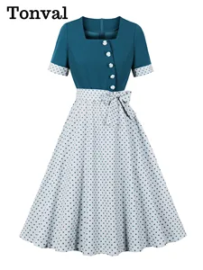 Tonval Peacock Blue and Polka Dot Tow Tone Summer Dresses 2024 Square Neck Button Front Belted Women Vintage Swing Dress