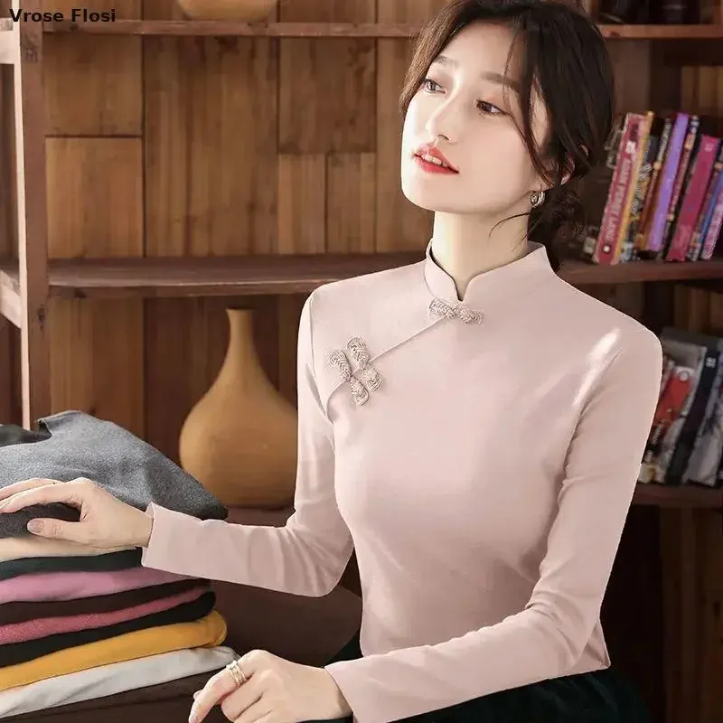 Cheongsam Women's Plus Size Stand Collar Tops Winter Cotton Blend Pure Color Long Sleeve Chinese Style Qipao Shirts Woman