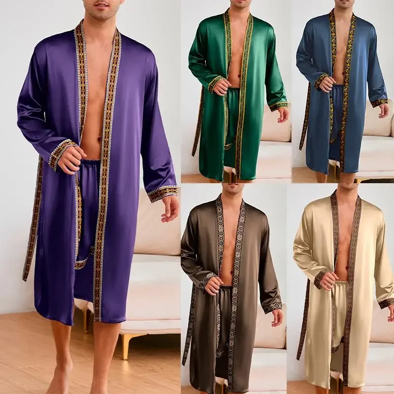Homme glace soie pyjamas 2 pièces Robe costume Homme vêtements de nuit été printemps Kimono vêtements de détente Peignoir Homme vêtements de nuit peignoir Robe
