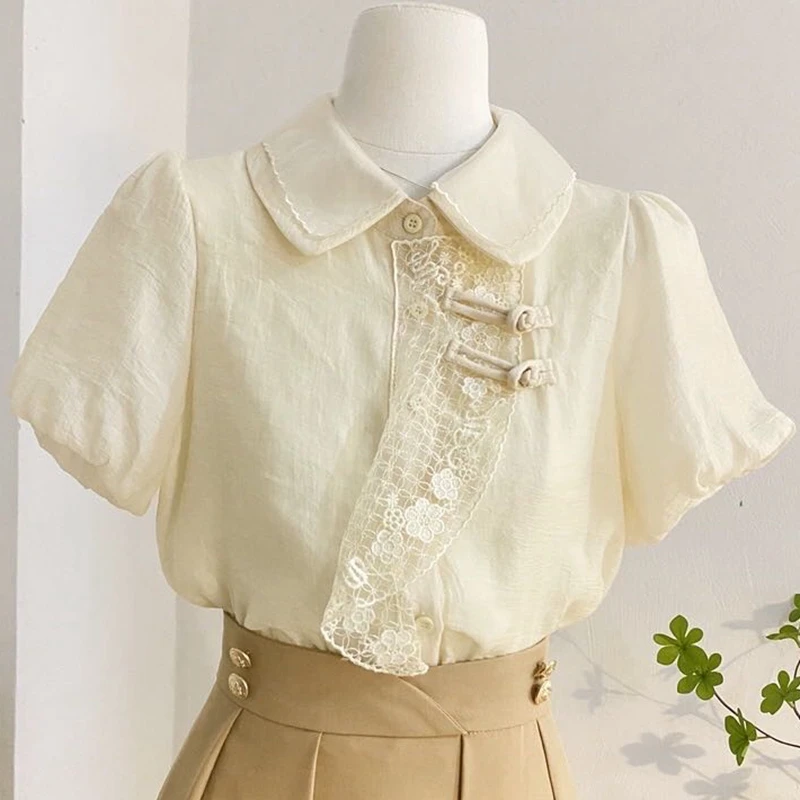

New Style Buckle Lace Chiffon Patchwork Shirt Women's Summer 2023 Lantern Short Sleeved Blouse Ladies's Loose Top