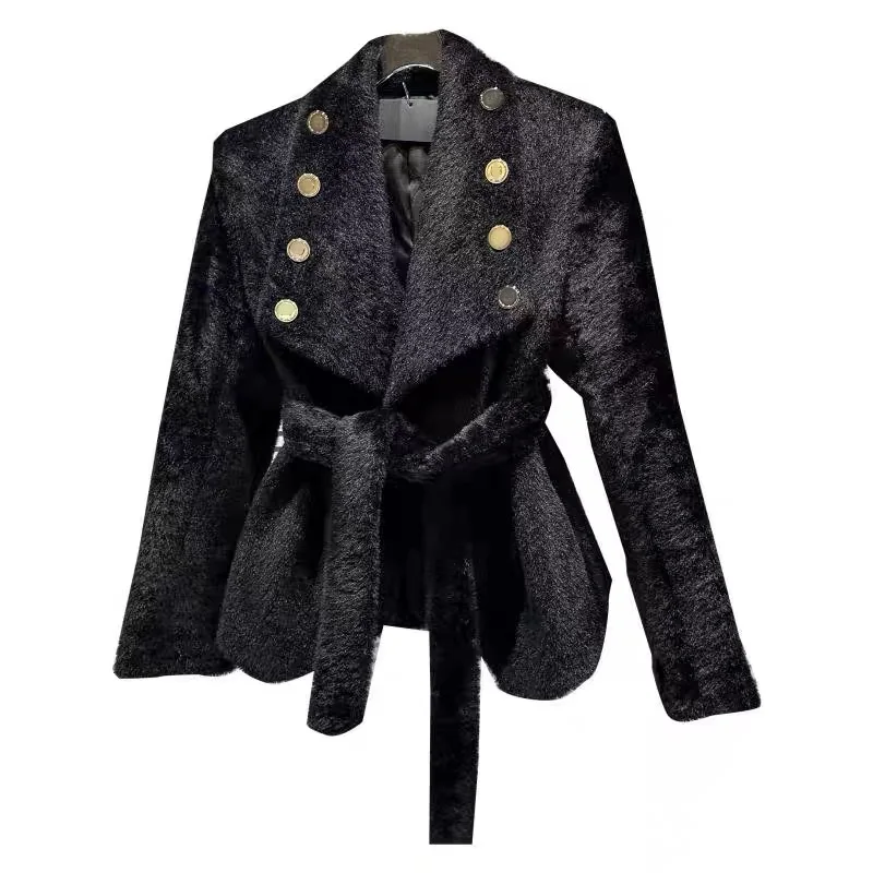 

Winter Coat Women 2023 Furry Hood Suede Black Faux Fur Coat With Belt Thick Warm Fur Cardigan Faux Fur Jackets for Women