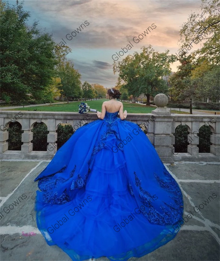 Mexiko královský modrý milenka bál talár quinceañera šaty flitr narozeniny večírek gowns s rukáv sladké 16 róba de bal