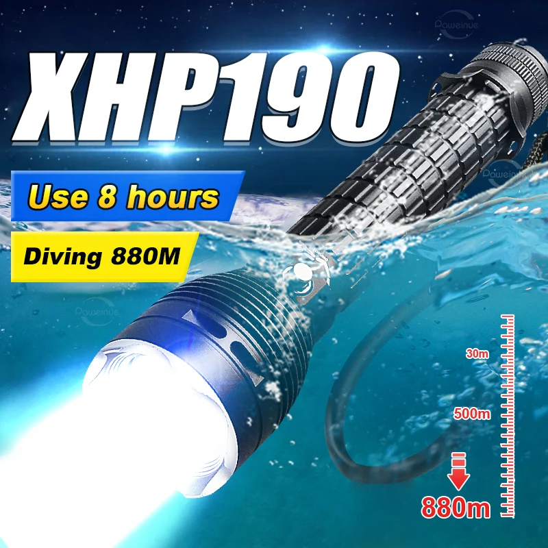 

New 880m XHP190 Professional Diving Flashlight IPX8 Waterproof Dive Light LED Flashlights Powerful Scuba Diving Torch Lantern